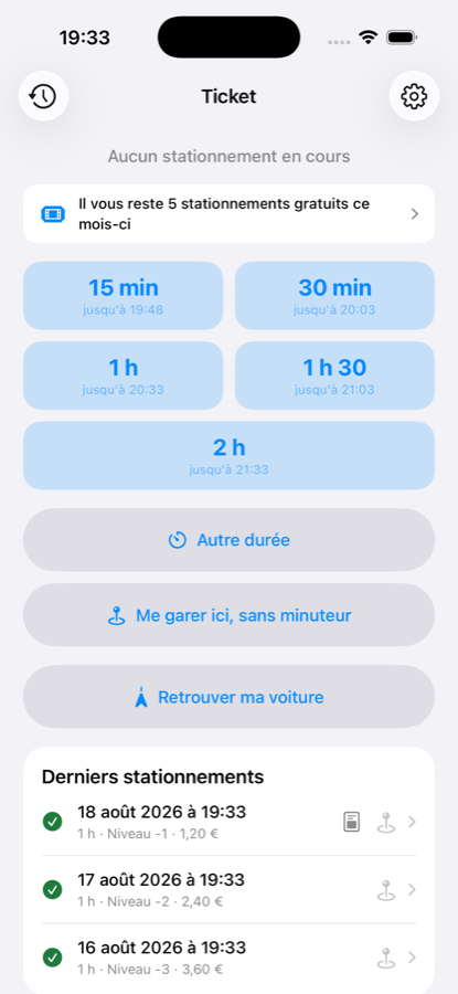 Écran d'accueil avec les durées rapides